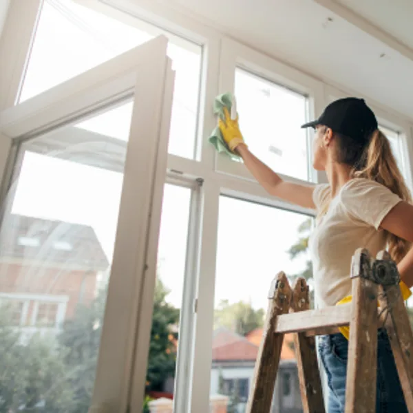 Cleaner on a ladder washing large windows in a newly built home