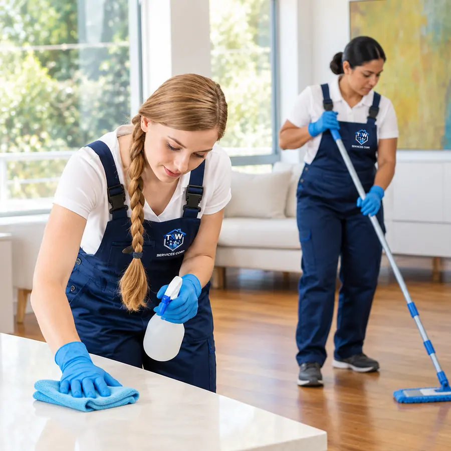 Two T&W General Services cleaners in branded uniforms wiping a countertop and mopping the floor of a bright living room