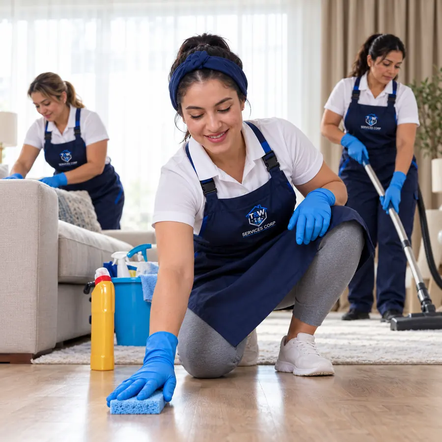 T&W General Services team in branded uniforms cleaning a living room floor, sofa and rug