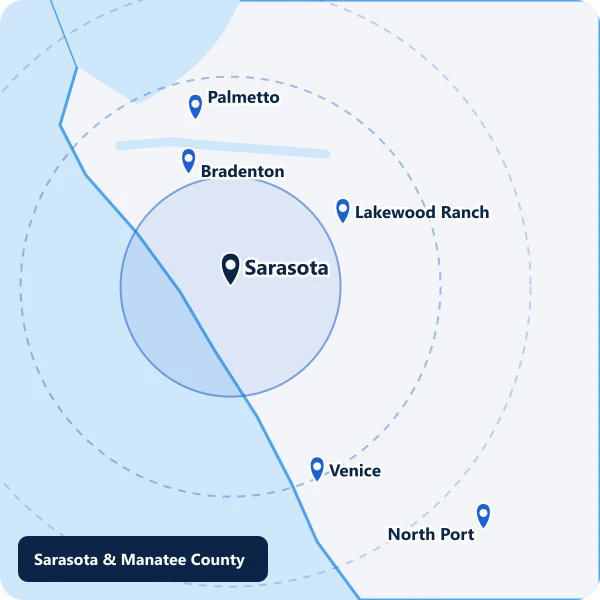 Map of the T&W General Services cleaning area: Sarasota, Bradenton, Palmetto, Lakewood Ranch, Venice and North Port, FL