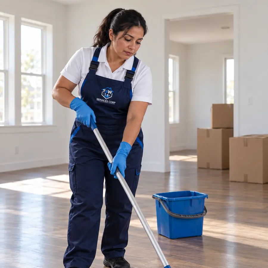 T&W General Services cleaner in a branded uniform mopping the floor of an empty home during a move-out clean