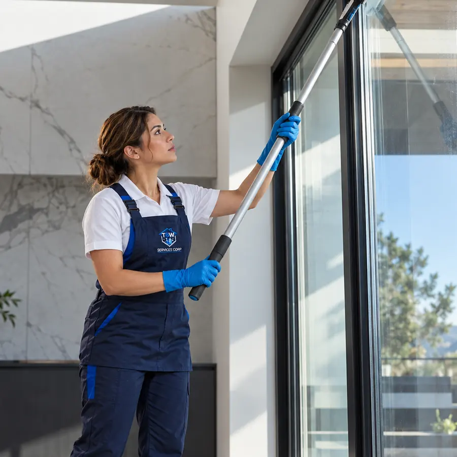 T&W General Services cleaner in a branded uniform washing tall windows in a newly built home